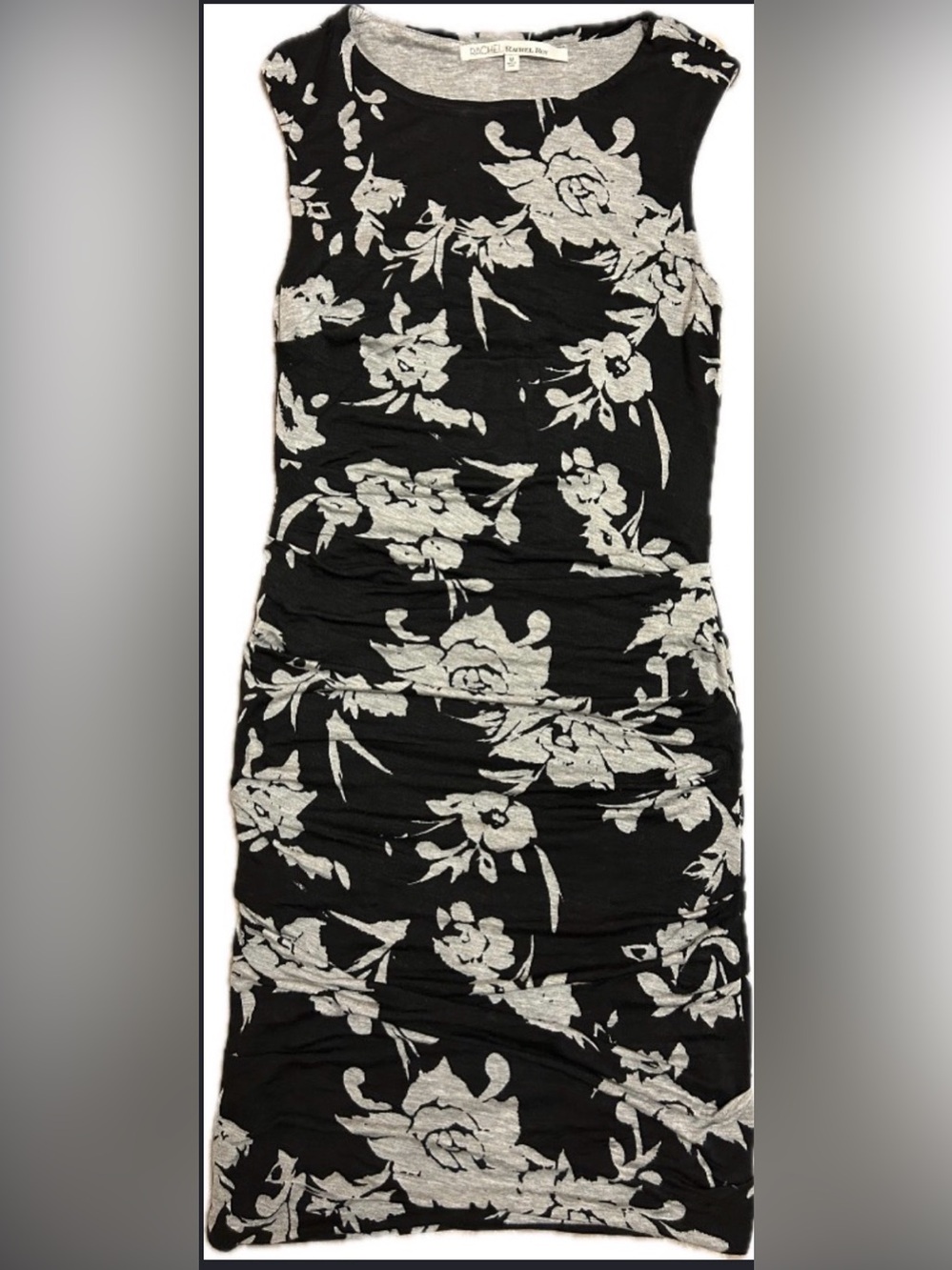 RACHEL Rachel Roy Sleeveles Ruched Midi Dress Black/Gray Floral Print, Size M